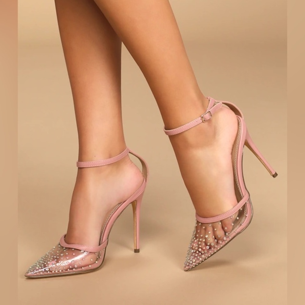EUC Keiza Pink Rhinestone Pointed-Toe Ankle Strap Pumps - 8